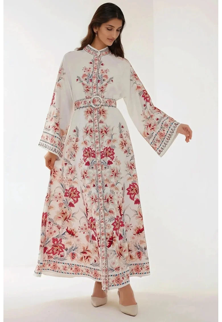 Rochie maxi,  maneca lunga, imprimeu, multicolora, material subtire