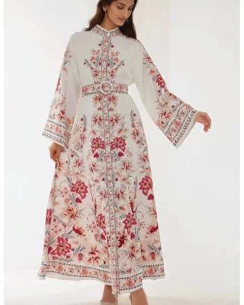 Rochie maxi,  maneca lunga, imprimeu, multicolora, material subtire