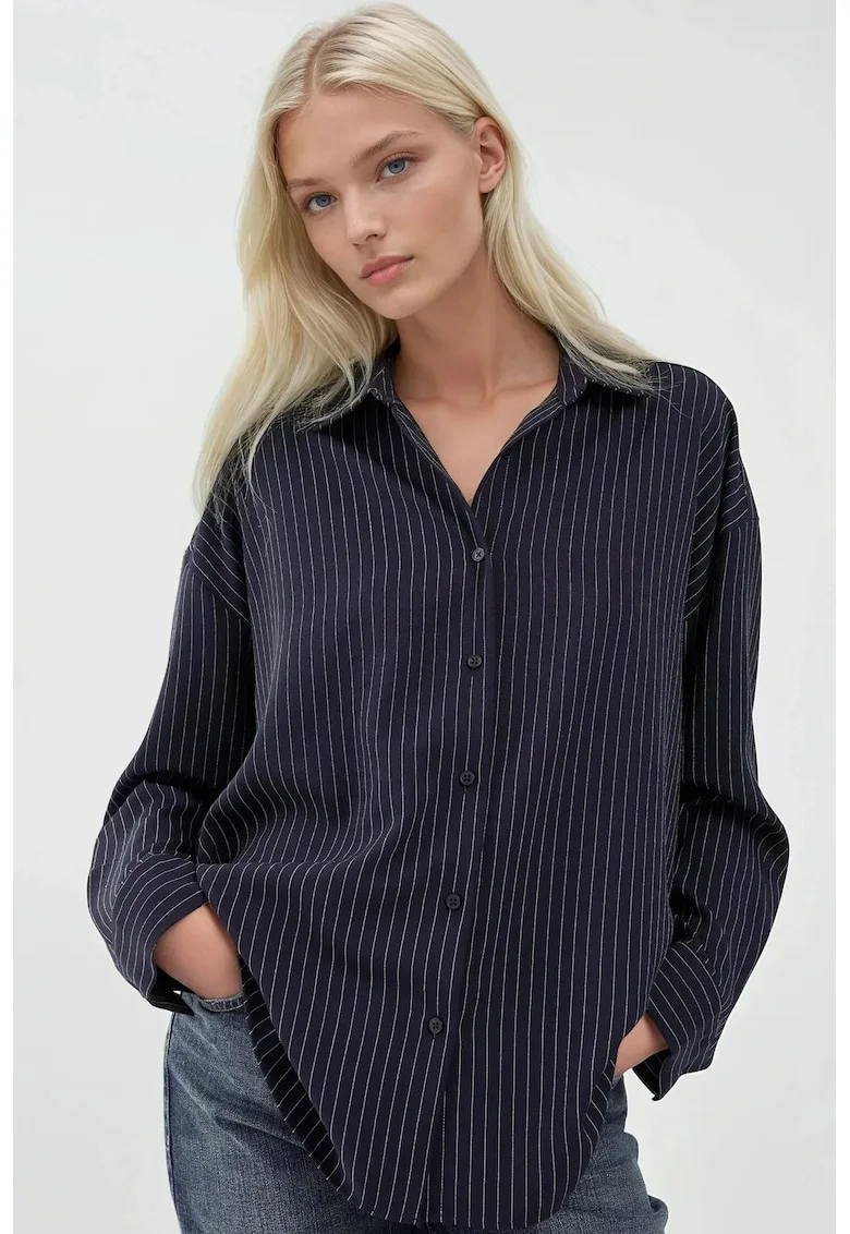 Camasa dama,  camasa cu dungi, bleumarin, material textil