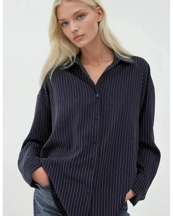 Camasa dama,  camasa cu dungi, bleumarin, material textil