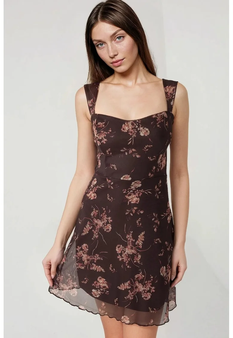 Rochie mini,  din tul cu imprimeu, decolteu inima, maro