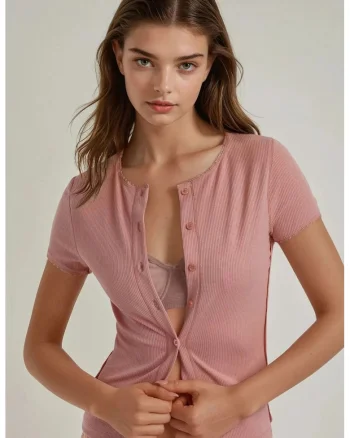 Tricou dama  top texturat tricotat cu nasturi, roz, jerseu
