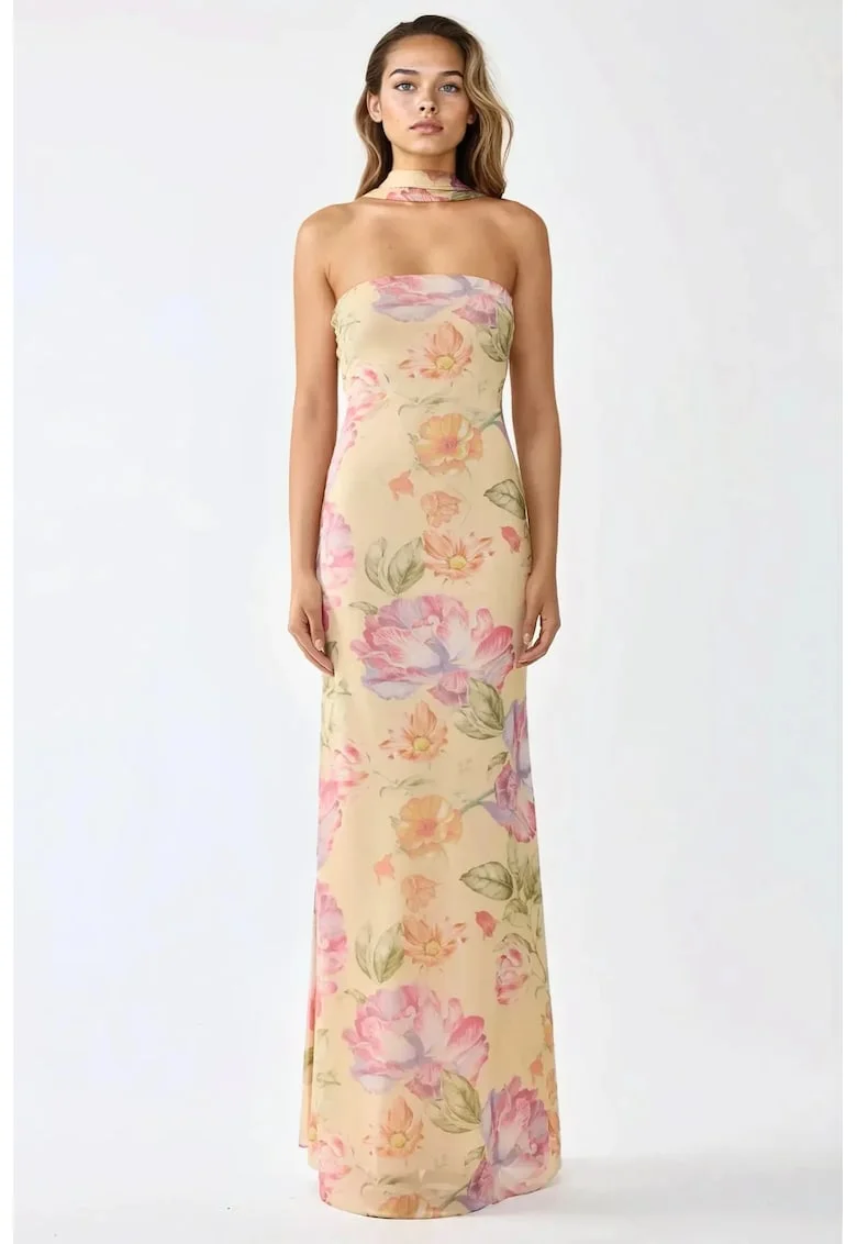 Rochie maxi,  fara bretele, imprimeu floral, multicolor, tul