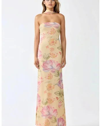 Rochie maxi,  fara bretele, imprimeu floral, multicolor, tul