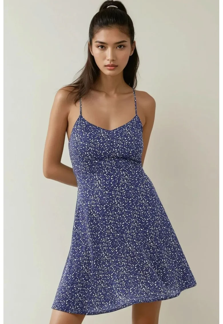 Rochie mini,  floral, decolteu in V, albastru, jerseu