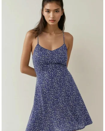 Rochie mini,  floral, decolteu in V, albastru, jerseu