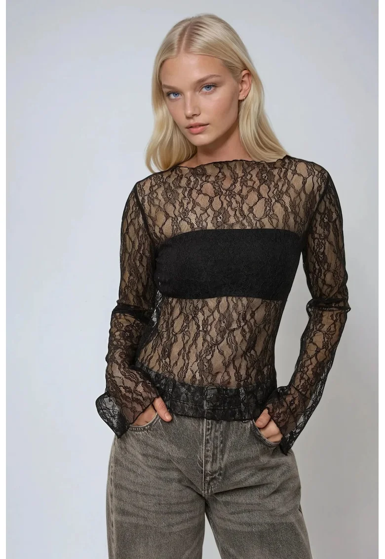 Bluza dama,  cu guler rotund, dantela, negru, bumbac