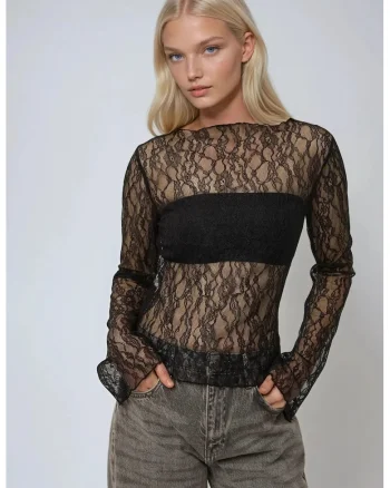 Bluza dama,  cu guler rotund, dantela, negru, bumbac