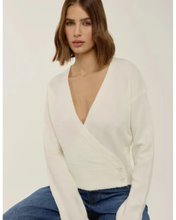 Pulover dama,  infasurat, decolteu in V, nasturi, natural, acril