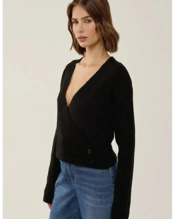 Pulover dama,  infasurat, decolteu in V, negru, acril