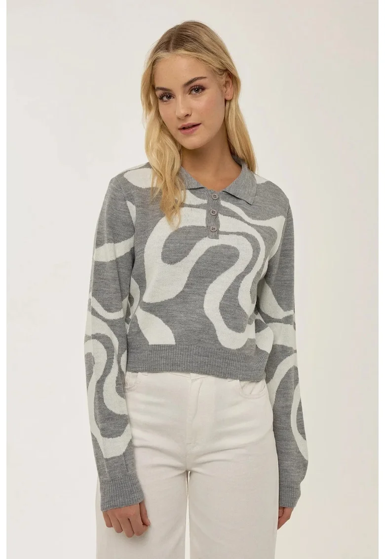 Pulover tricotat  jacquard, guler polo, gri, acril