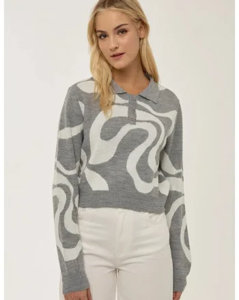 Pulover tricotat  jacquard, guler polo, gri, acril