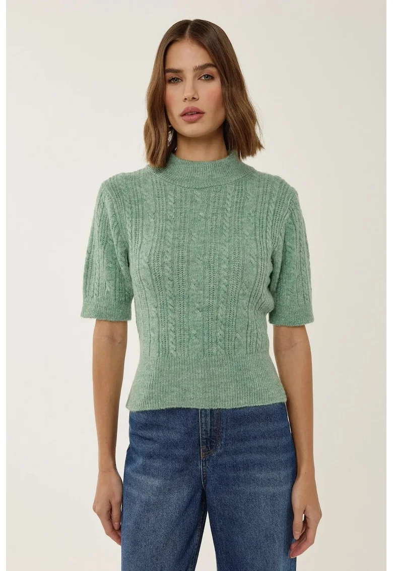Pulover tricotat,  guler inalt, maneci scurte, verde, acril