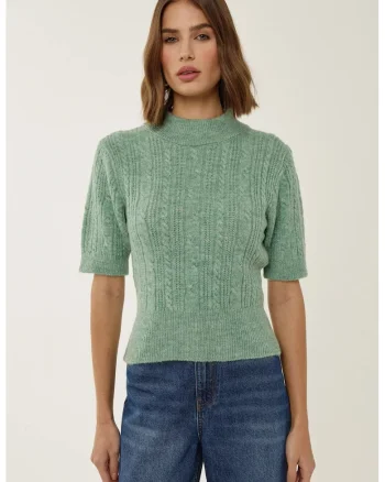 Pulover tricotat,  guler inalt, maneci scurte, verde, acril