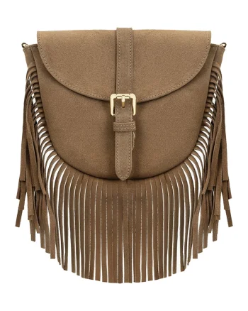 Geanta din piele intoarsa cu bareta de umar si detalii cu franjuri, Maro camel