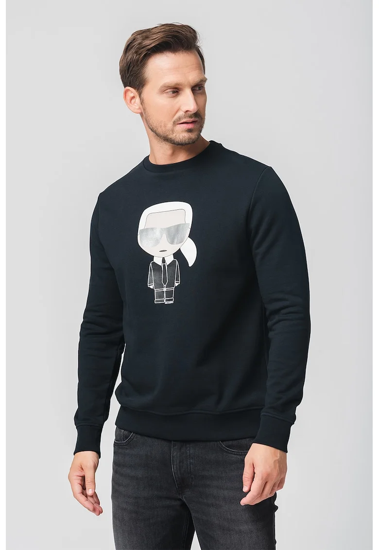Bluza sport cu decolteu la baza gatului si imprimeu logo, Negru