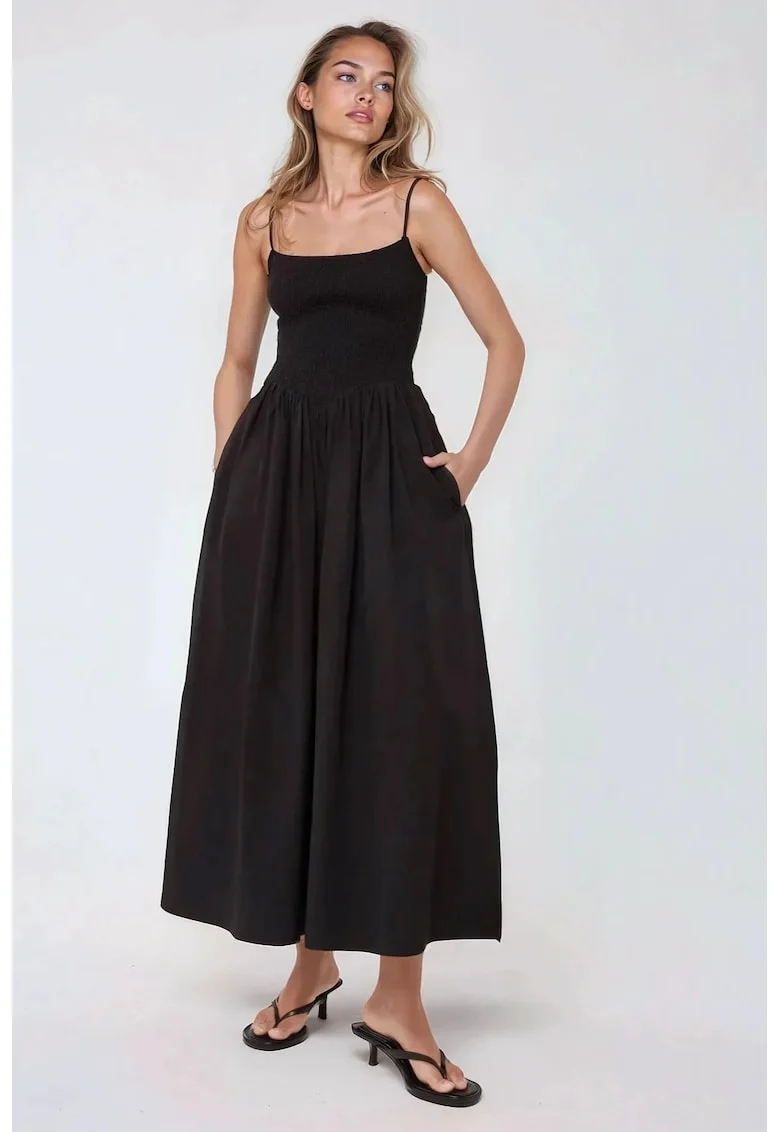 Rochie maxi,  forma de A, guler patrat, neagra, textil