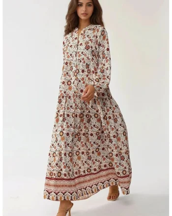 Rochie maxi,  decolteu in V, multicolor, textil
