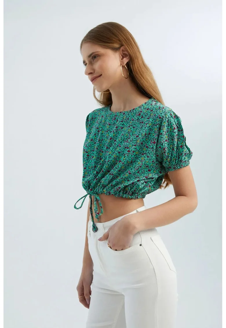 Top scurt  decolteu rotund, imprimeu floral, verde, textil