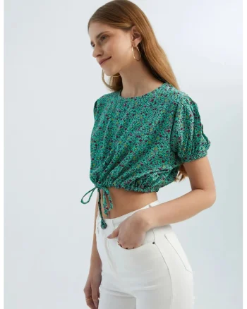 Top scurt  decolteu rotund, imprimeu floral, verde, textil