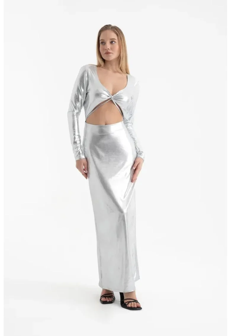 Rochie maxi,  decolteu in V metalic, maneca lunga, gri, textil