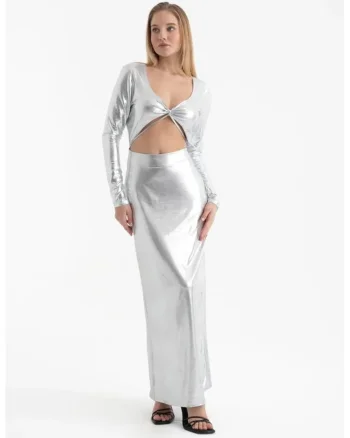 Rochie maxi,  decolteu in V metalic, maneca lunga, gri, textil