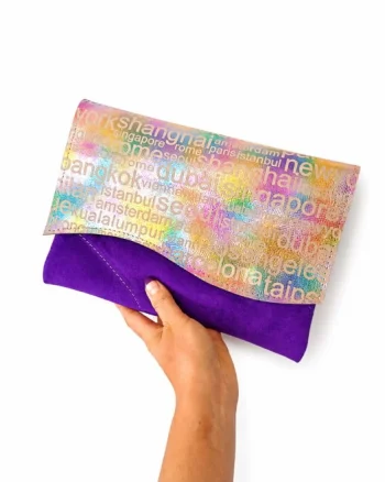 Plic mov handmade  din piele naturala  , cu nume de orase inscriptionate