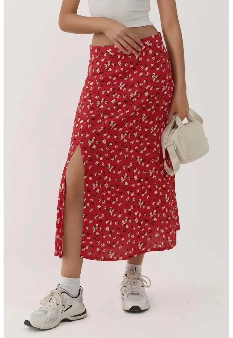 Fusta midi,  talie inalta, imprimeu floral, rosu, poliester