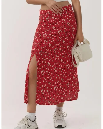 Fusta midi,  talie inalta, imprimeu floral, rosu, poliester