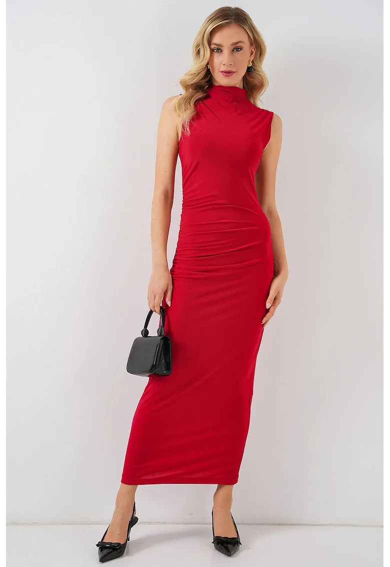 Rochie midi, HiCCUP, guler inalt, rosu, jerseu