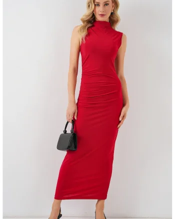Rochie midi, HiCCUP, guler inalt, rosu, jerseu