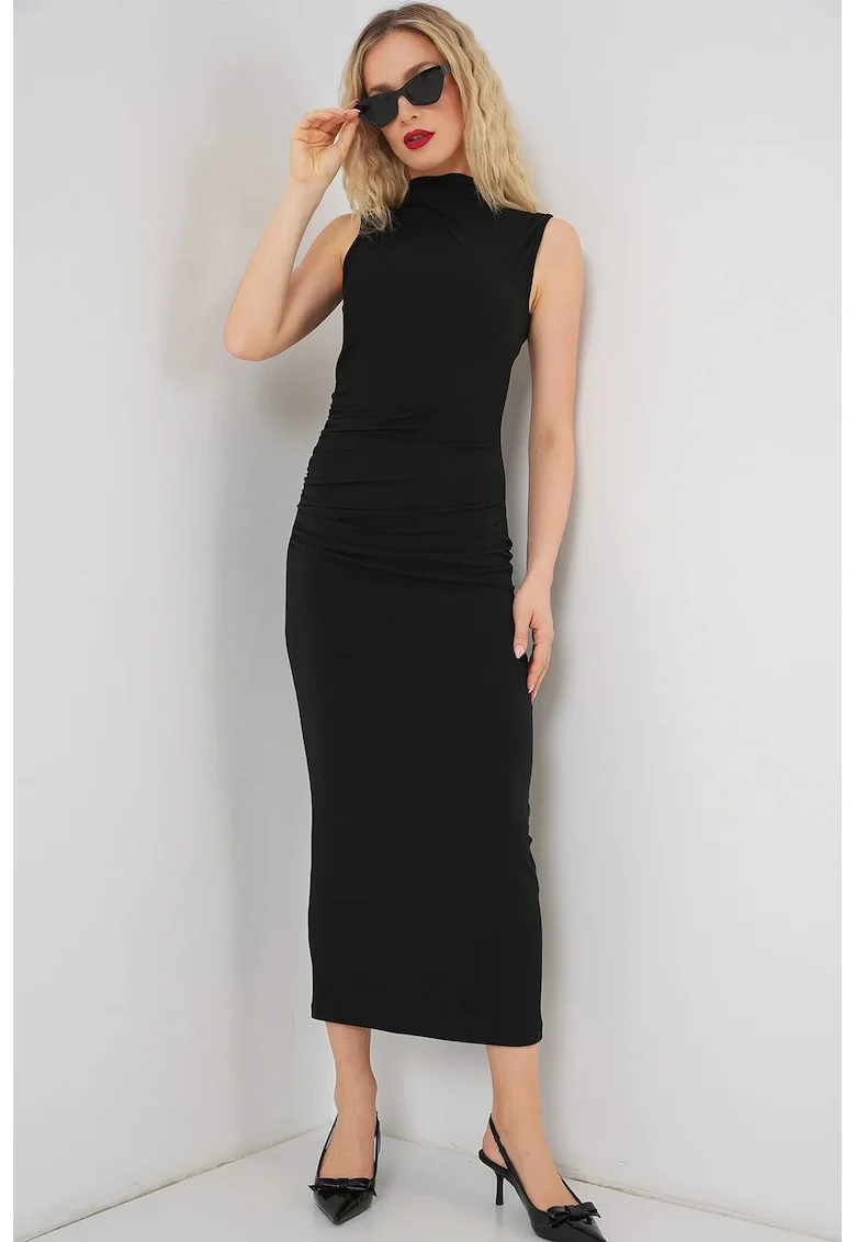 Rochie midi, HiCCUP, guler inalt, negru, jerseu