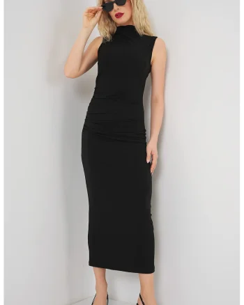 Rochie midi, HiCCUP, guler inalt, negru, jerseu
