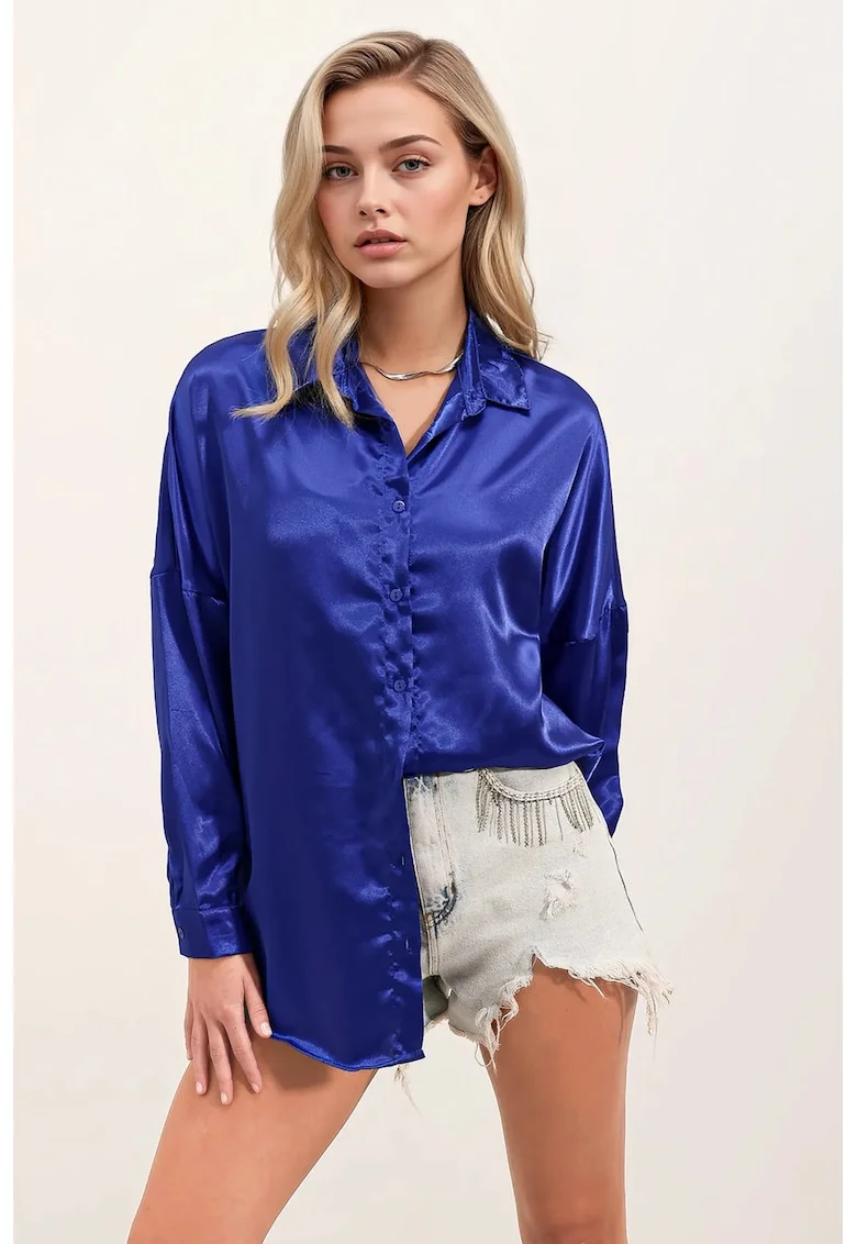Camasa supradimensionata,  satin, cu inchidere cu nasturi, Albastru de cobalt,