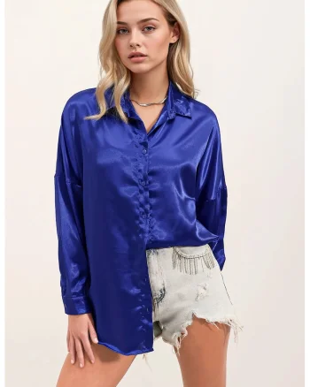 Camasa supradimensionata,  satin, cu inchidere cu nasturi, Albastru de cobalt,