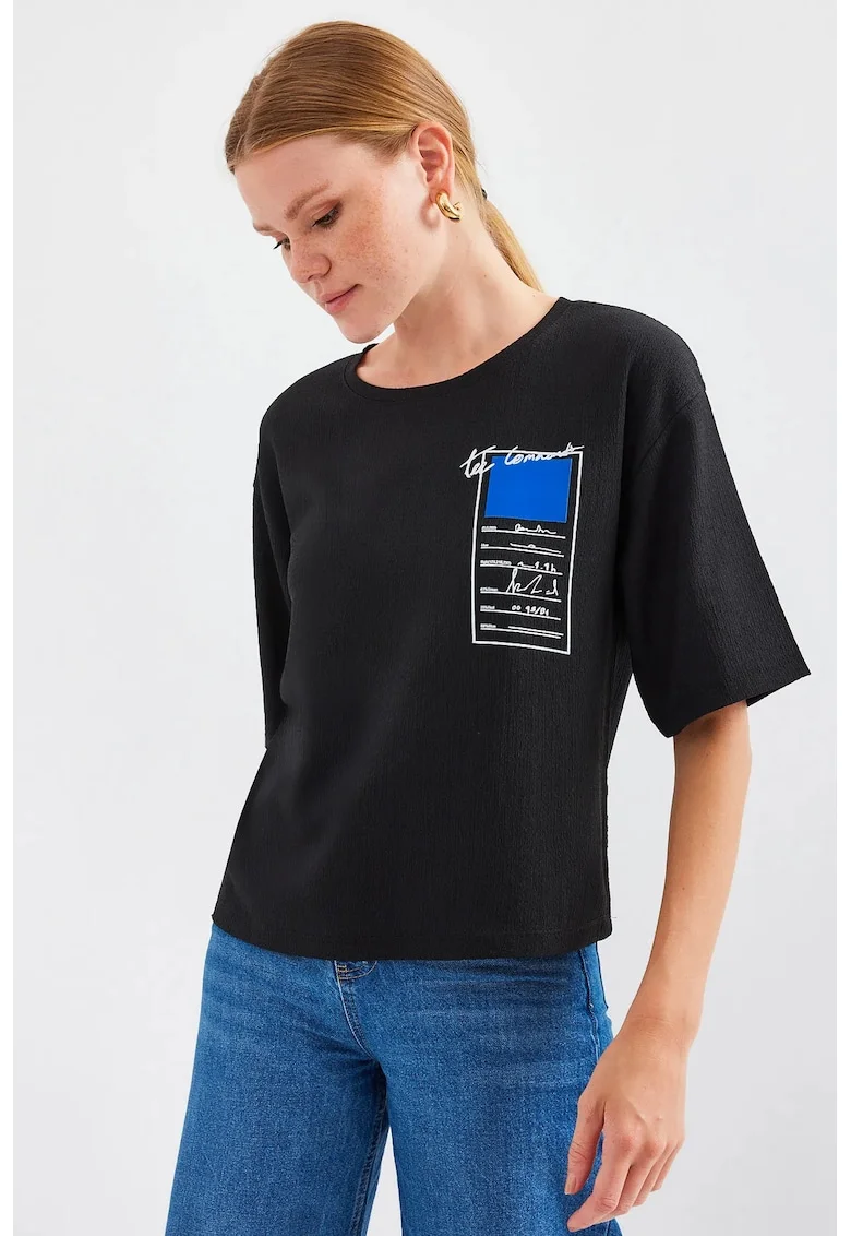 Tricou dama HiCCUP, cu imprimeu, bumbac, negru/albastru