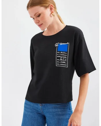 Tricou dama HiCCUP, cu imprimeu, bumbac, negru/albastru