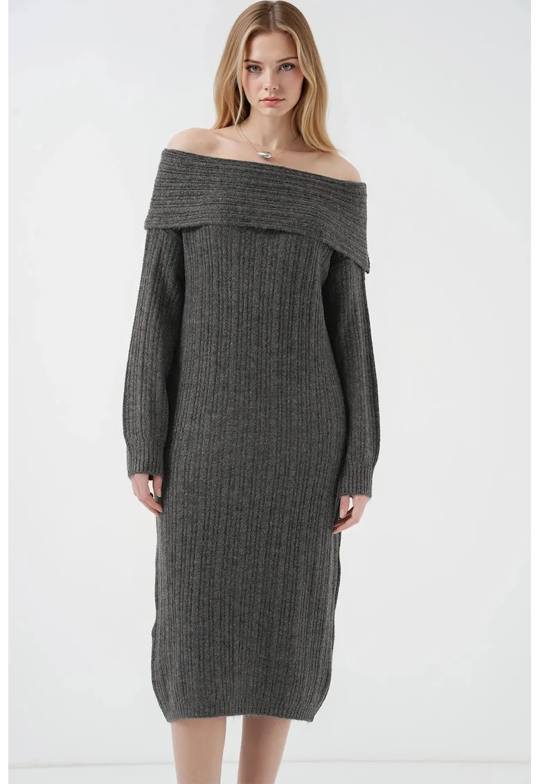 Rochie midi  supradimensionata din tricot, Gri carbune,