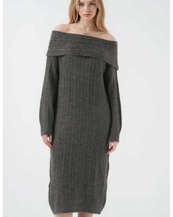 Rochie midi  supradimensionata din tricot, Gri carbune,