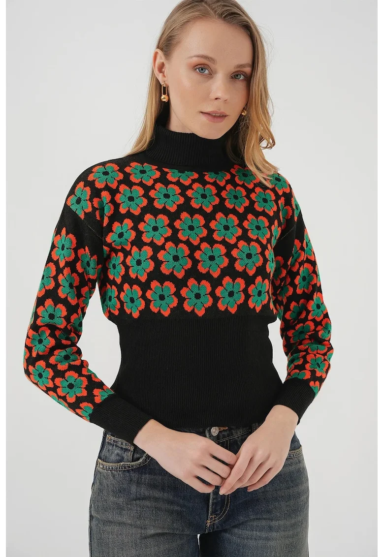 Pulover scurt,  guler inalt, model floral, tricot, Dovleac Portocaliu,