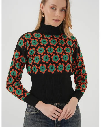 Pulover scurt,  guler inalt, model floral, tricot, Dovleac Portocaliu,