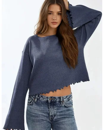 Bluza dama,  maneca lunga, bumbac/elastan, bleumarin