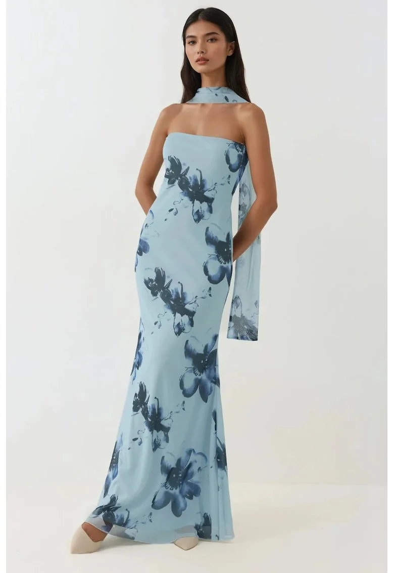 Rochie maxi mulata  imprimeu floral, albastru glaciar, tul