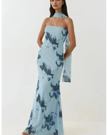 Rochie maxi mulata  imprimeu floral, albastru glaciar, tul