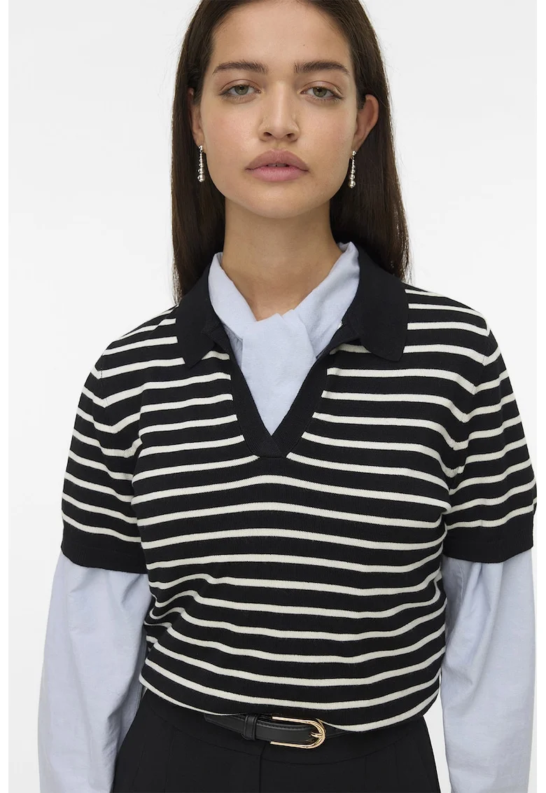 Tricou polo cu model in dungi, Negru/Bej