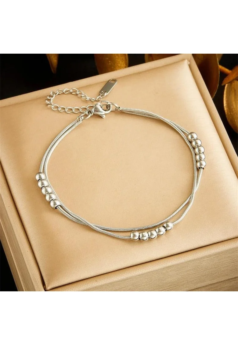 Bratara argintie, din otel inoxidabil, suflata cu aur 18k, cu bilute, Elita C3