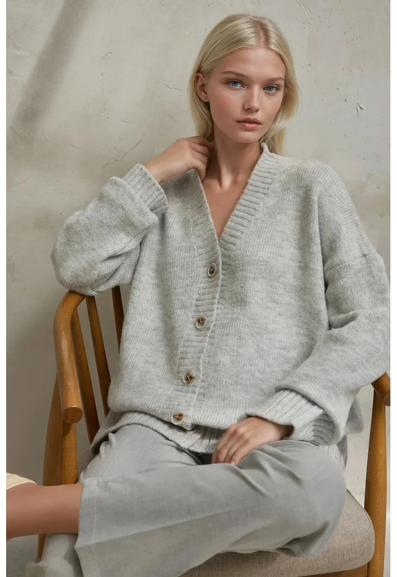 Cardigan tricotat gros,  decolteu in V, tricot, Gri,