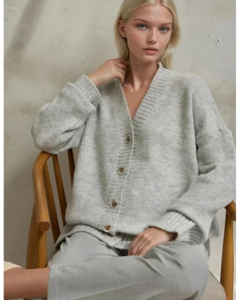 Cardigan tricotat gros,  decolteu in V, tricot, Gri,