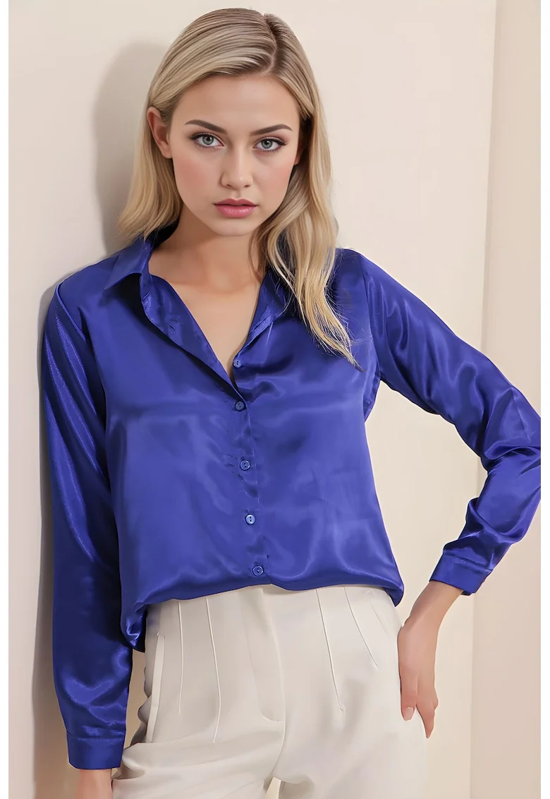 Camasi dama, HiCCUP, camasa cu maneca lunga, satin, albastru cobalt