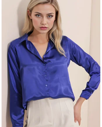 Camasi dama, HiCCUP, camasa cu maneca lunga, satin, albastru cobalt
